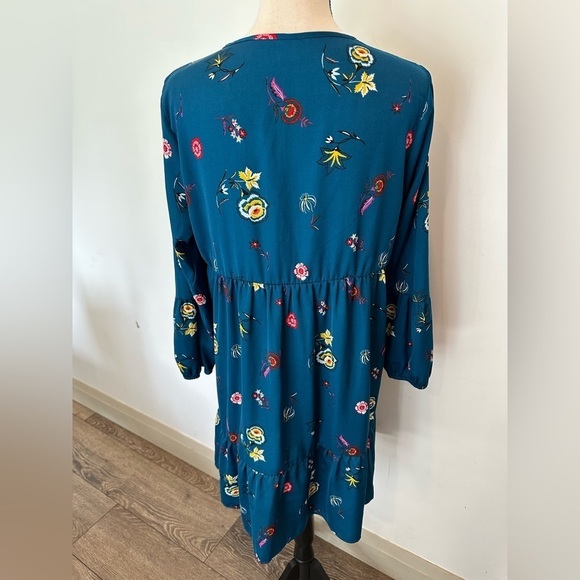 Old Navy Turquoise MIDI Dress Long Sleeve Floral Pattern  Velvet Trim SZ M - Picture 3 of 7